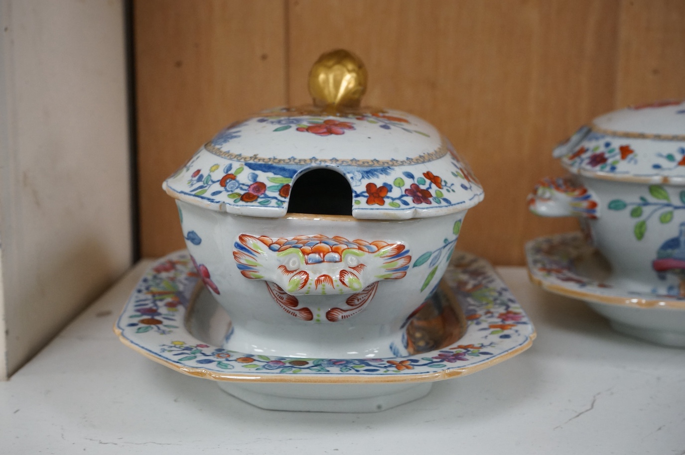 A pair of Spode pheasant design stone china sauce tureens covers and stands, c.1825, 19cm wide